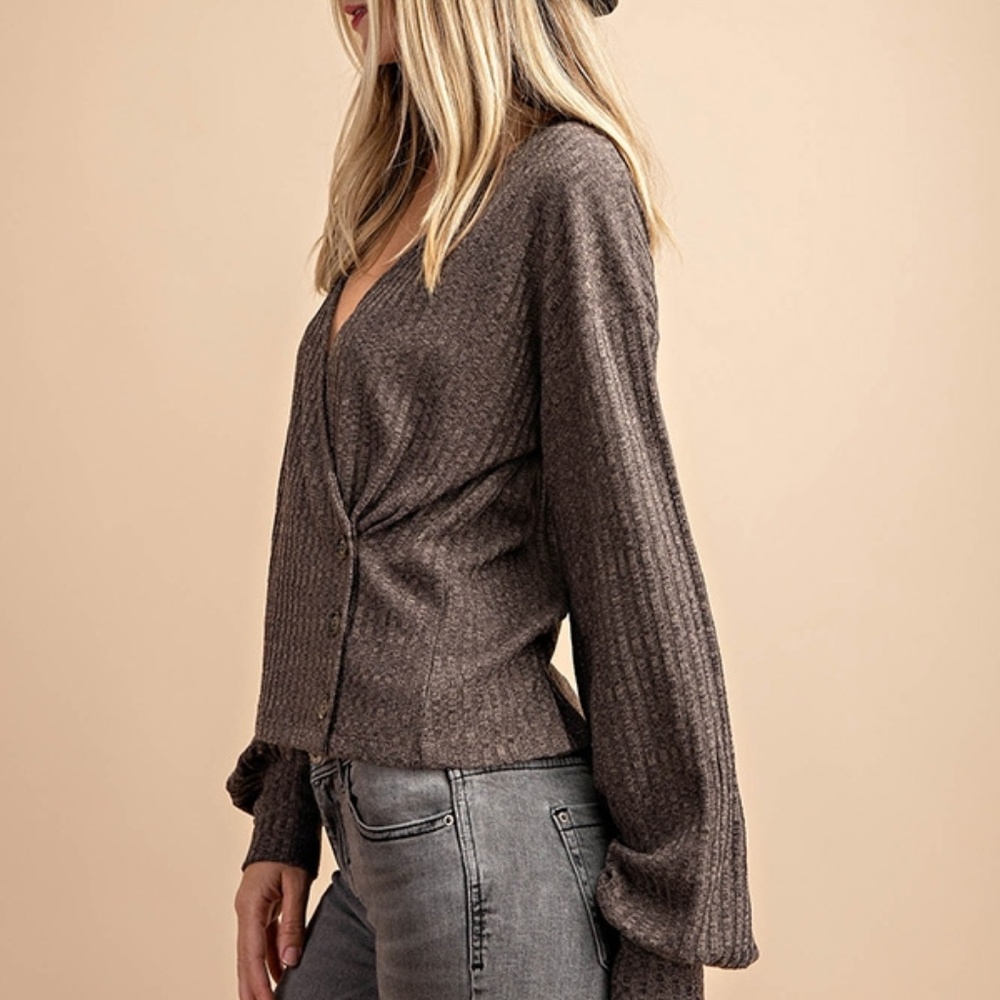 Ribbed Double Button Overlapped V-Neck Top - Picture 4 of 9